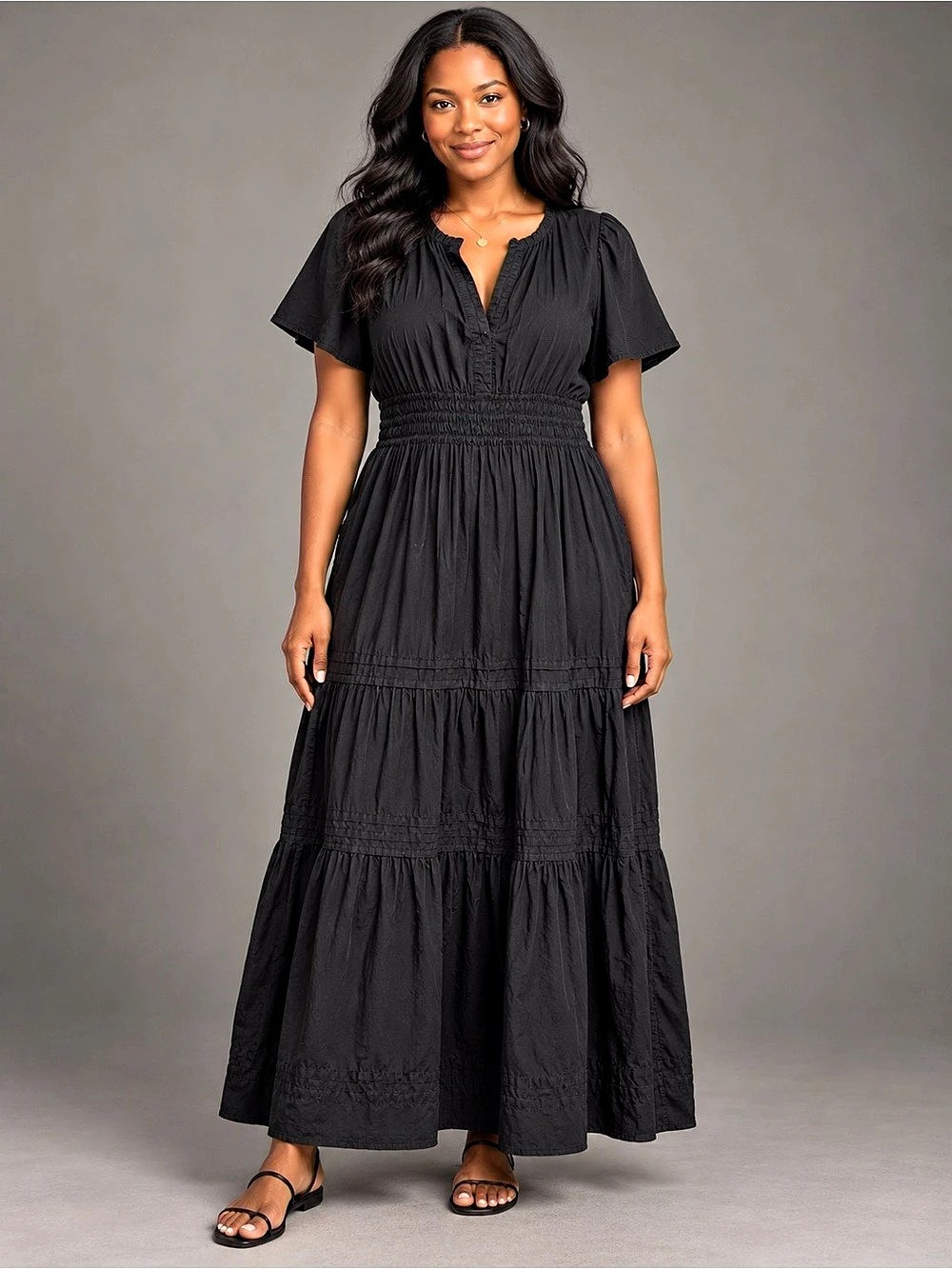 Anthropologie The Somerset Black Tiered Maxi Dress Size L Smocked Waist Boho